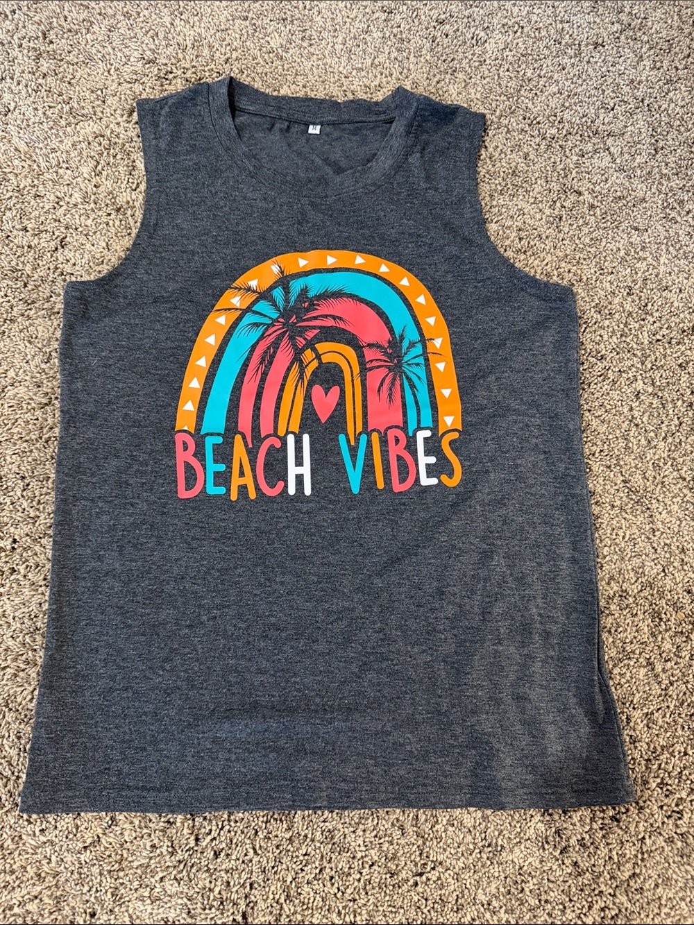 Beach Vibes Sleeveless Tee - Dark Charcoal with Bright Rainbow Graphic - M